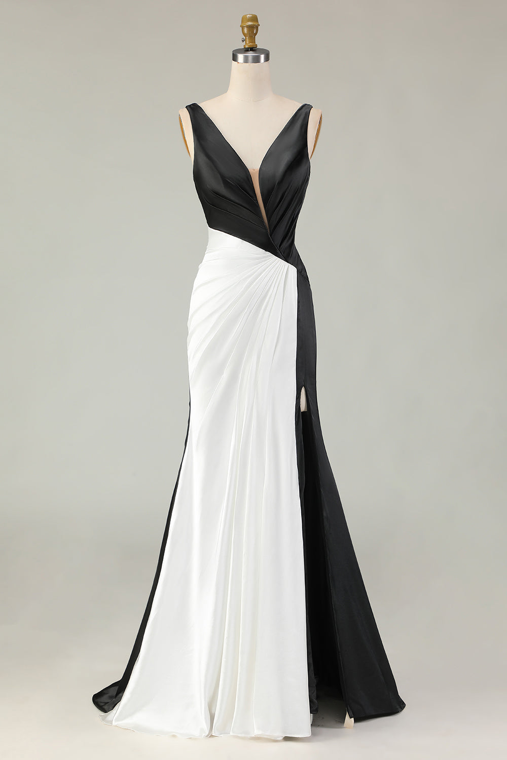 Mermaid Black&White Deep V Neck Long Gala Dress - Image 3