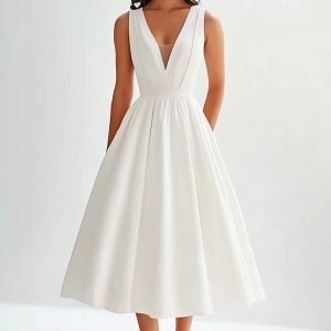 Satin A Line V Neck Midi Graduation Dress