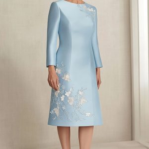 Satin Sky Blue Column Mother Of Bride Dress with Lace