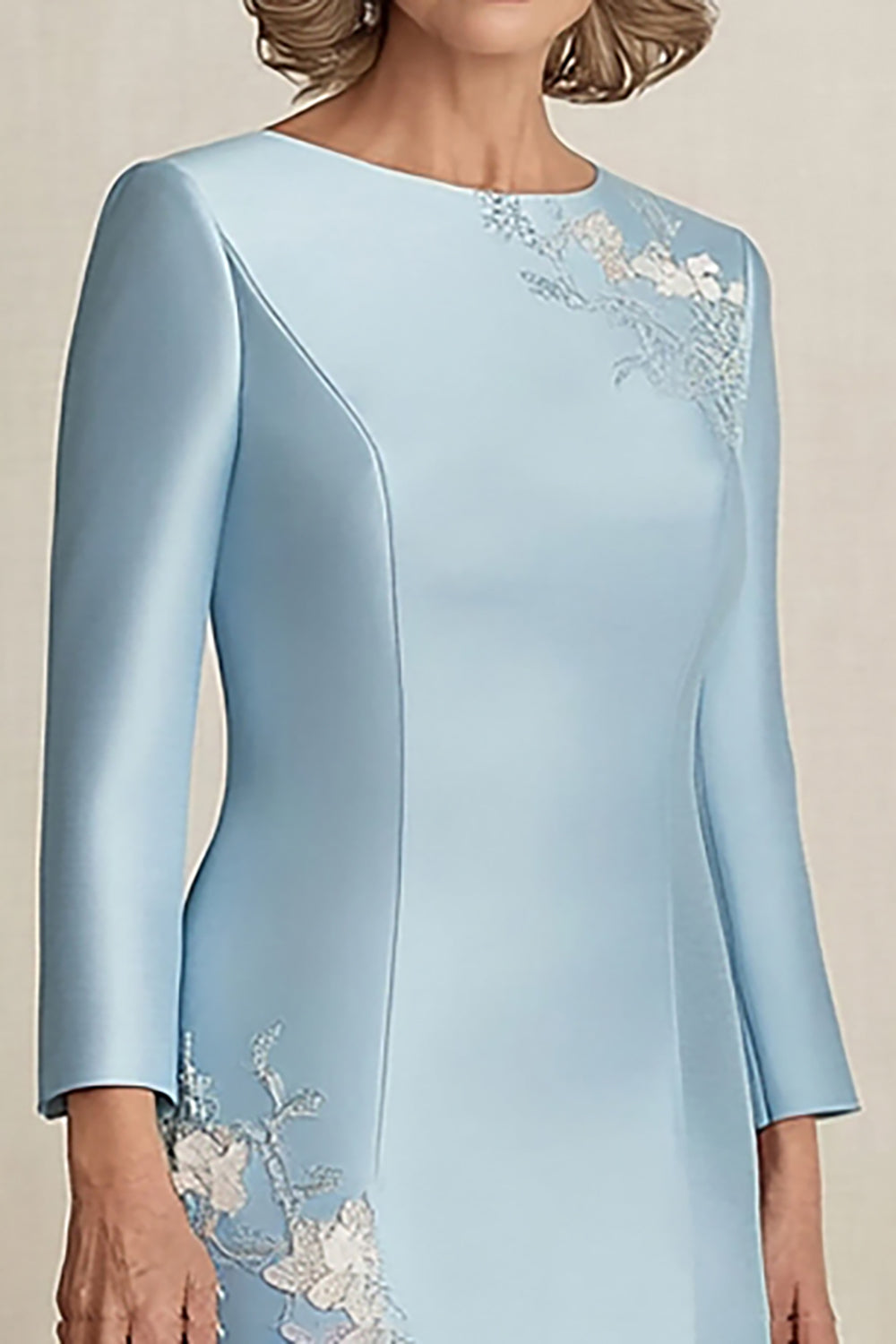 Satin Sky Blue Column Mother Of Bride Dress with Lace - Image 2