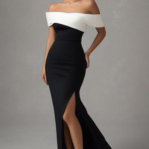 Satin Mermaid Off the Shoulder Black Tie Dress with Slit
