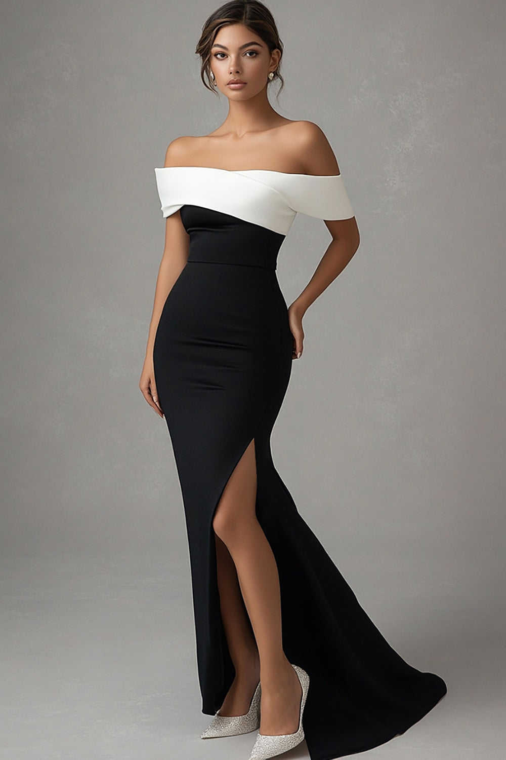 Satin Mermaid Off the Shoulder Black Tie Dress with Slit
