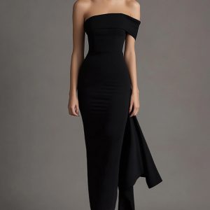Sheath Off the Shoulder Black Tie Dress with Sash