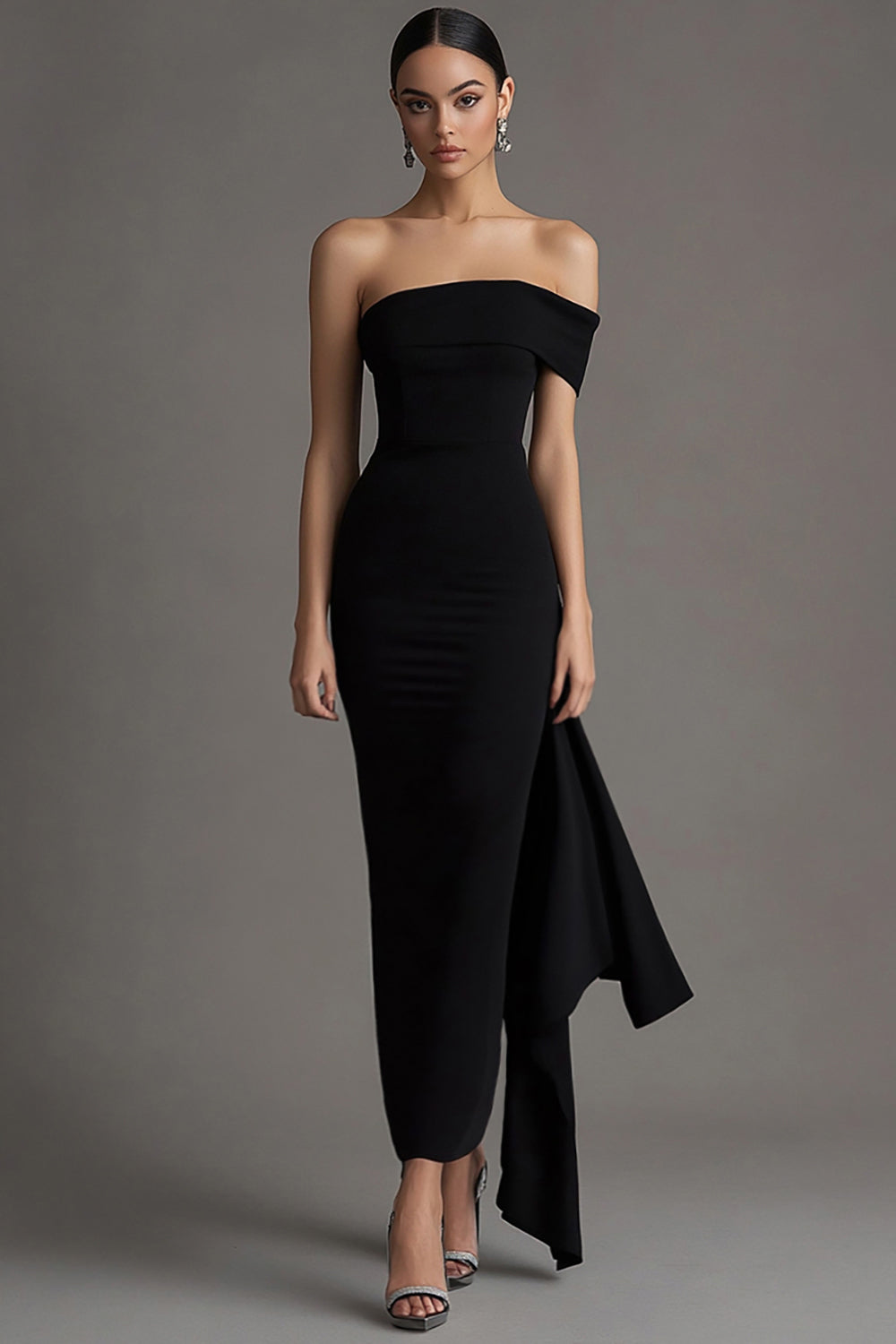 Sheath Off the Shoulder Black Tie Dress with Sash