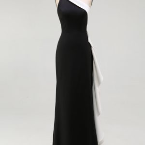 Sheath One Shoulder Black Tie Dress with Flower