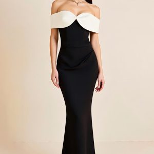 Sheath Off the Shoulder Satin Long Black Tie Dress