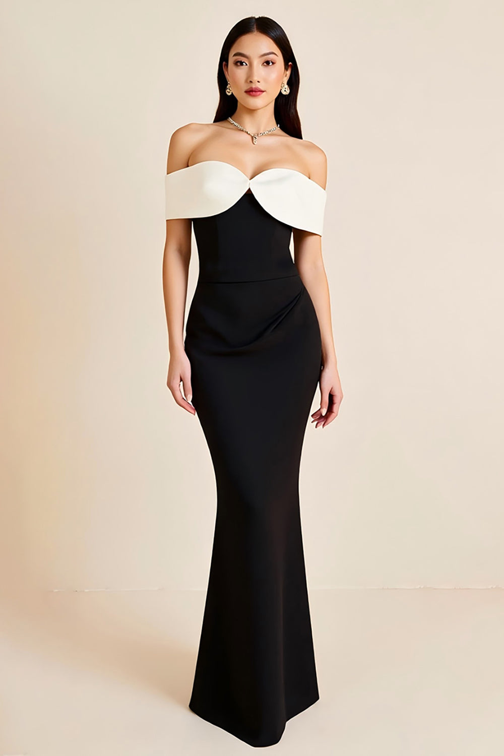 Sheath Off the Shoulder Satin Long Black Tie Dress