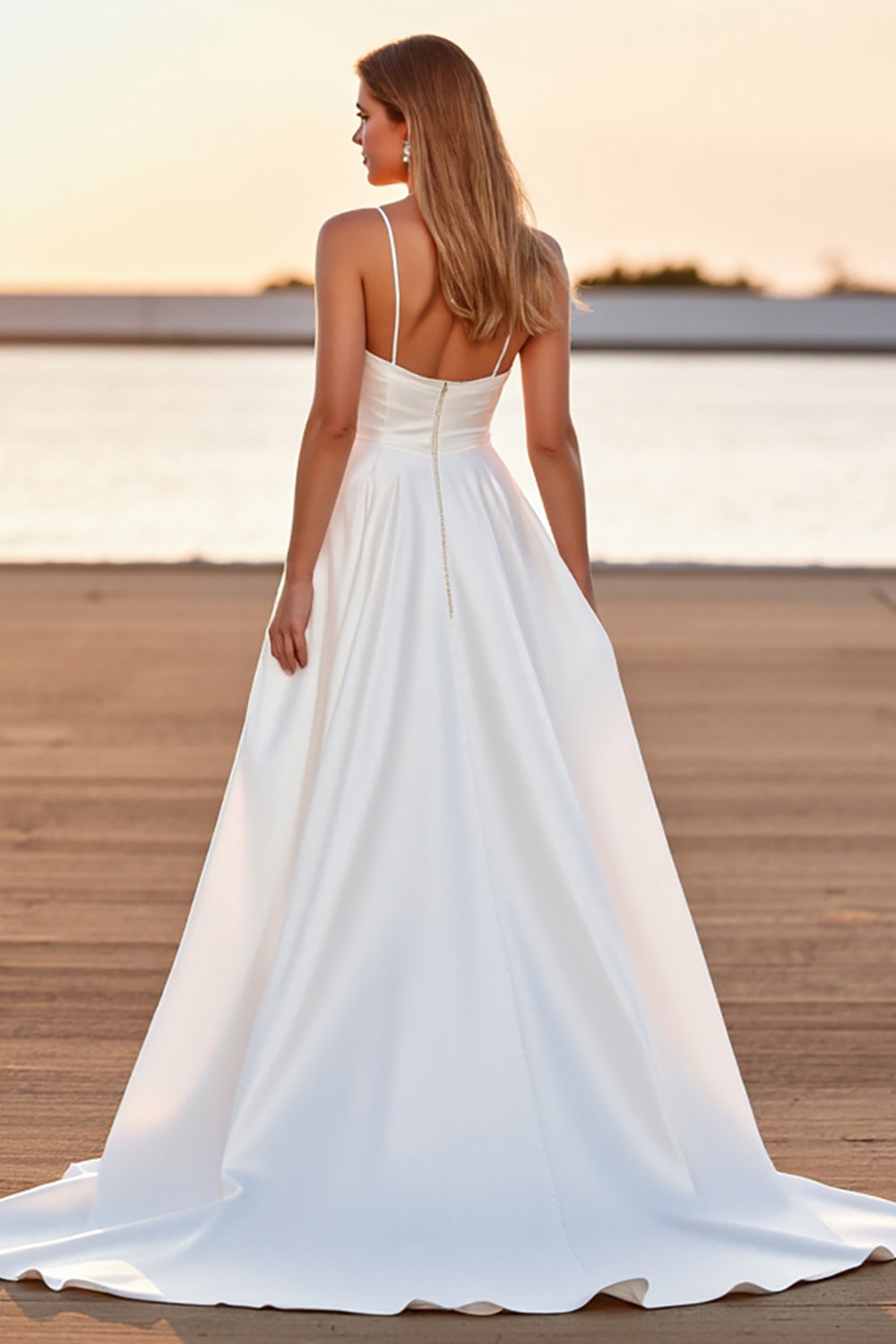 Satin White A Line High-Low Wedding Dress - Image 2