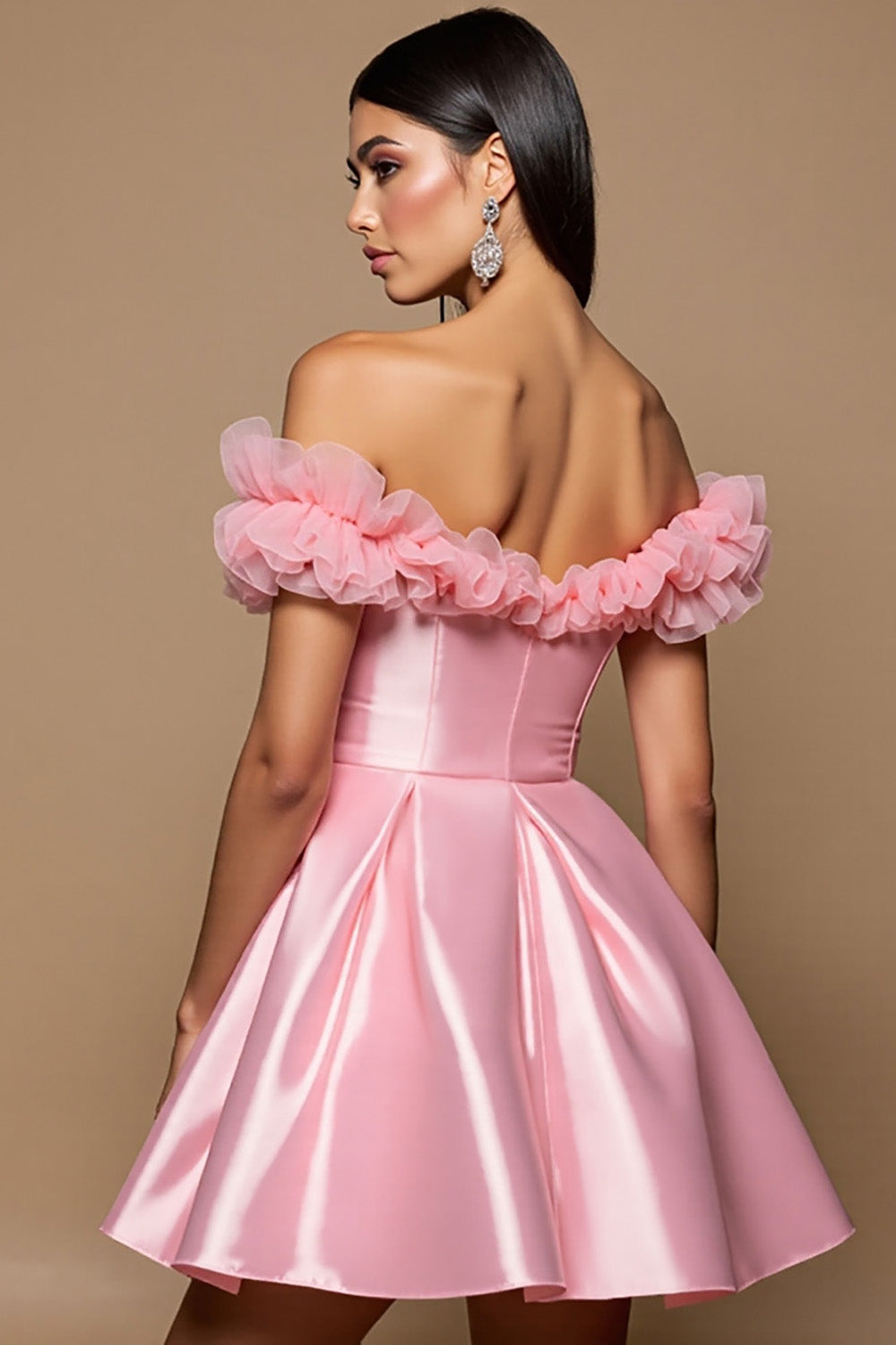 Satin Pink A Line Off The Shoulder Homecoming Dress - Image 2