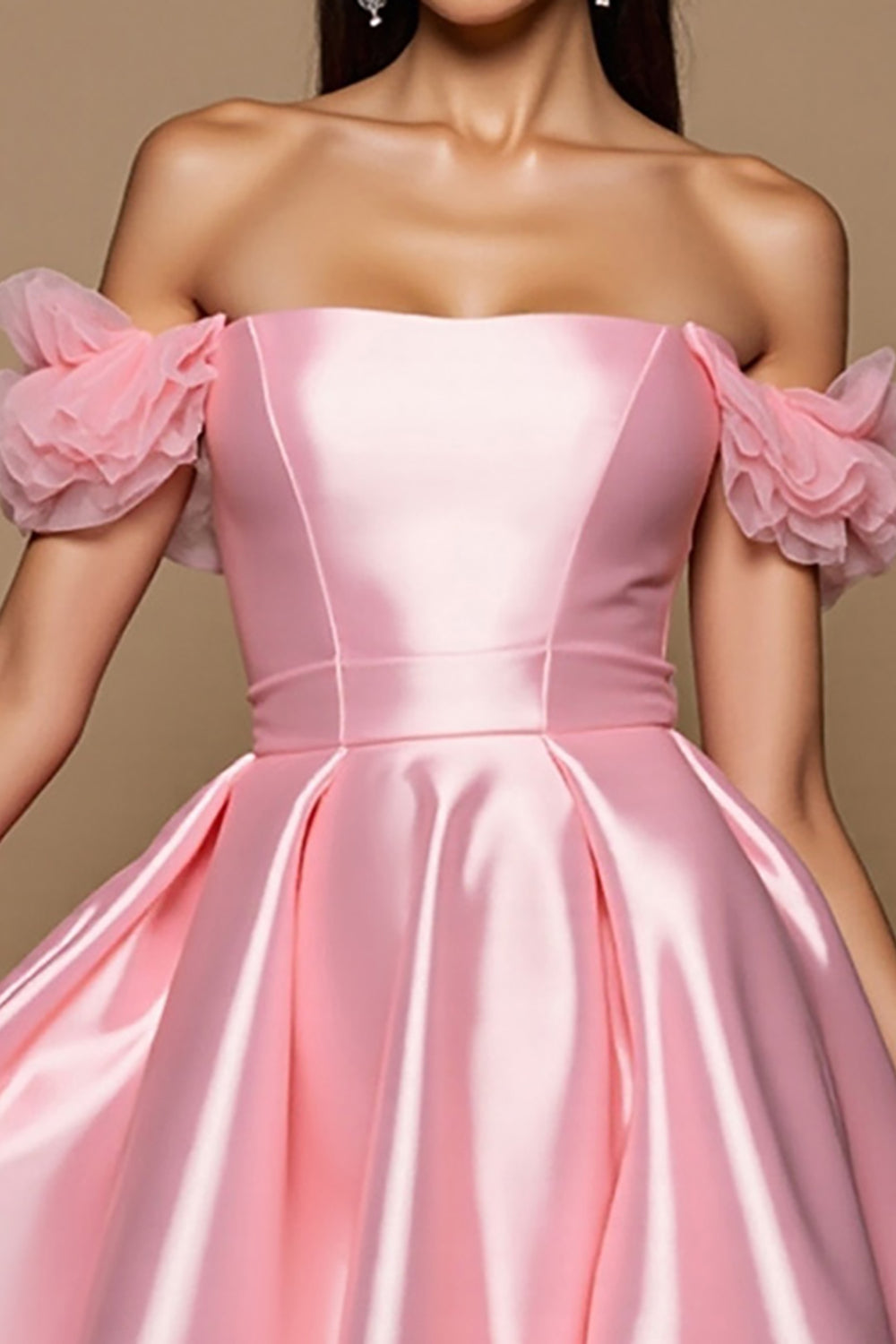 Satin Pink A Line Off The Shoulder Homecoming Dress - Image 3