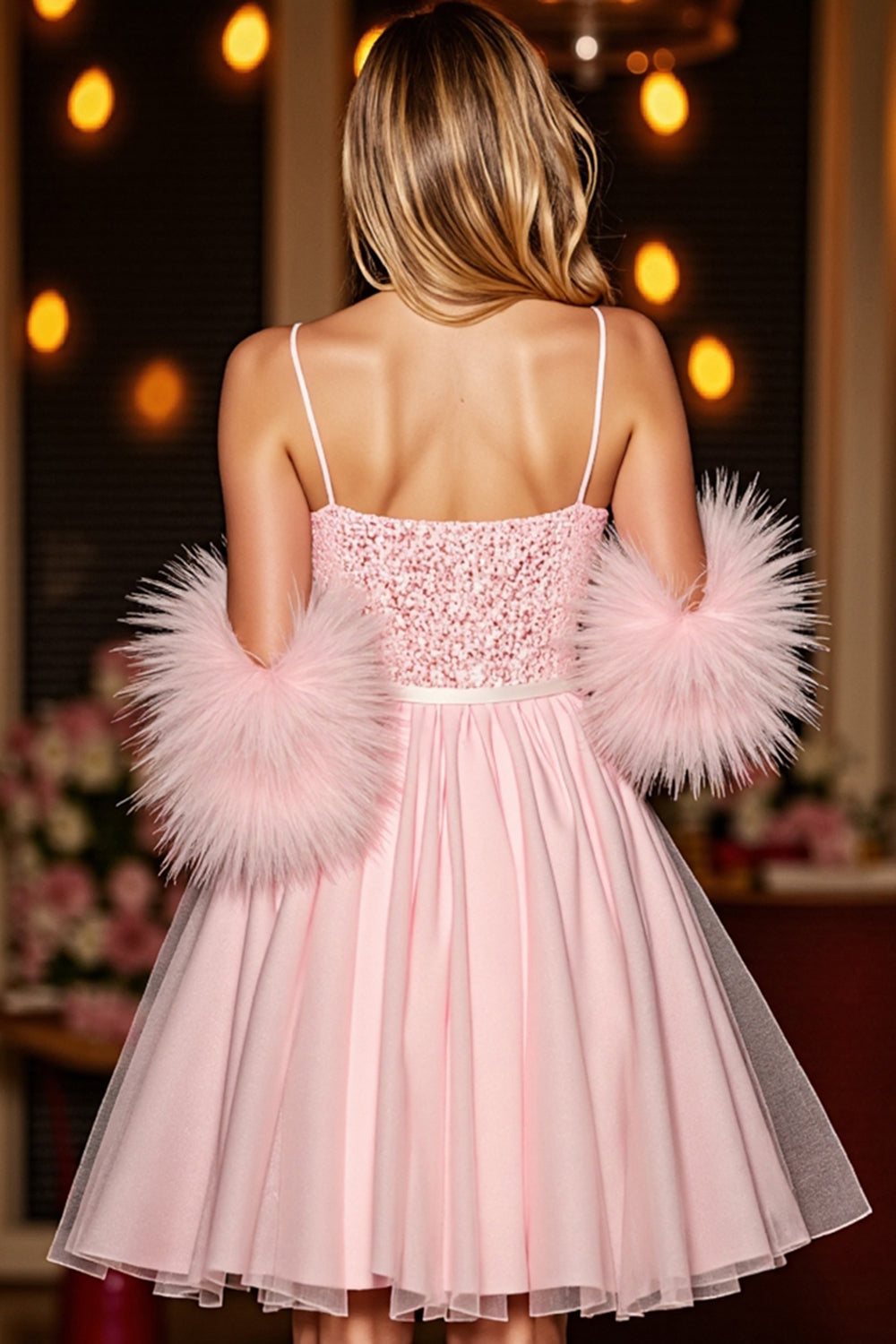 Sequin Blush Corset Homecoming Dress with Feathers - Image 2
