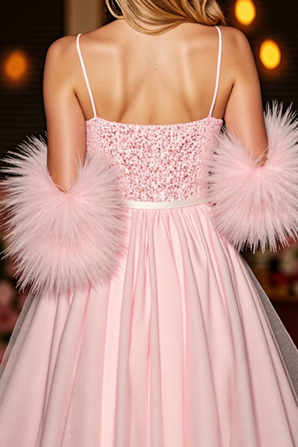 Sequin Blush Corset Homecoming Dress with Feathers - Image 4