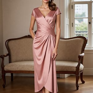 Satin Ruched Dusty Rose Sheath Mother of the Bride Dress