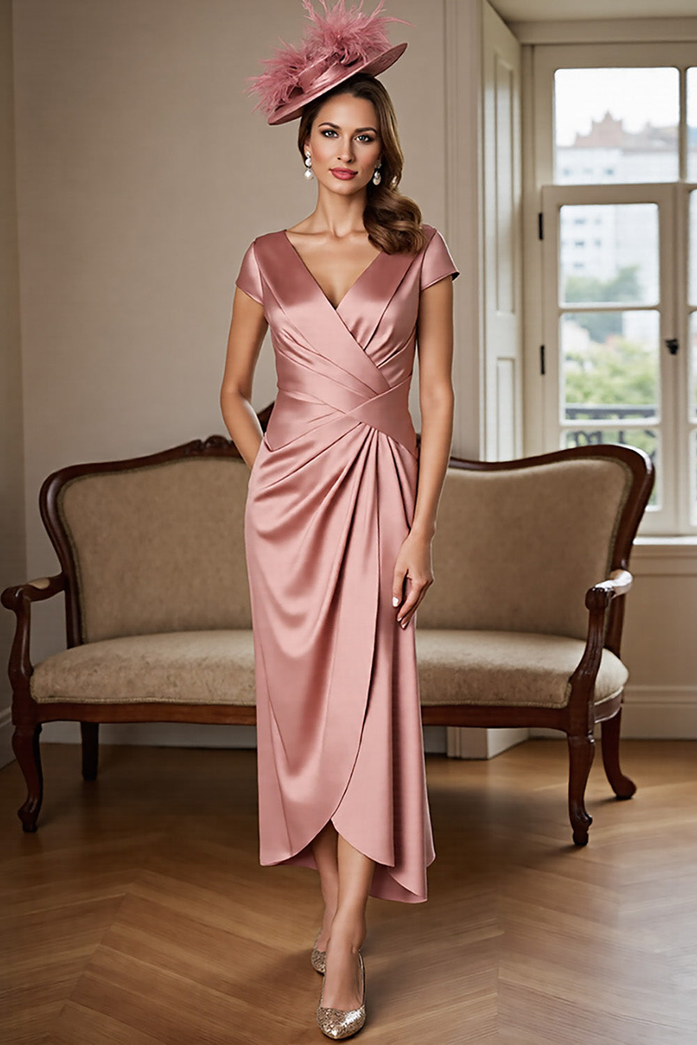 Satin Ruched Dusty Rose Sheath Mother of the Bride Dress