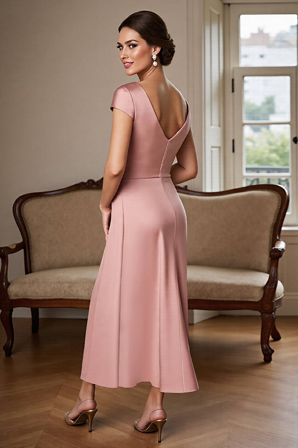 Satin Ruched Dusty Rose Sheath Mother of the Bride Dress - Image 2