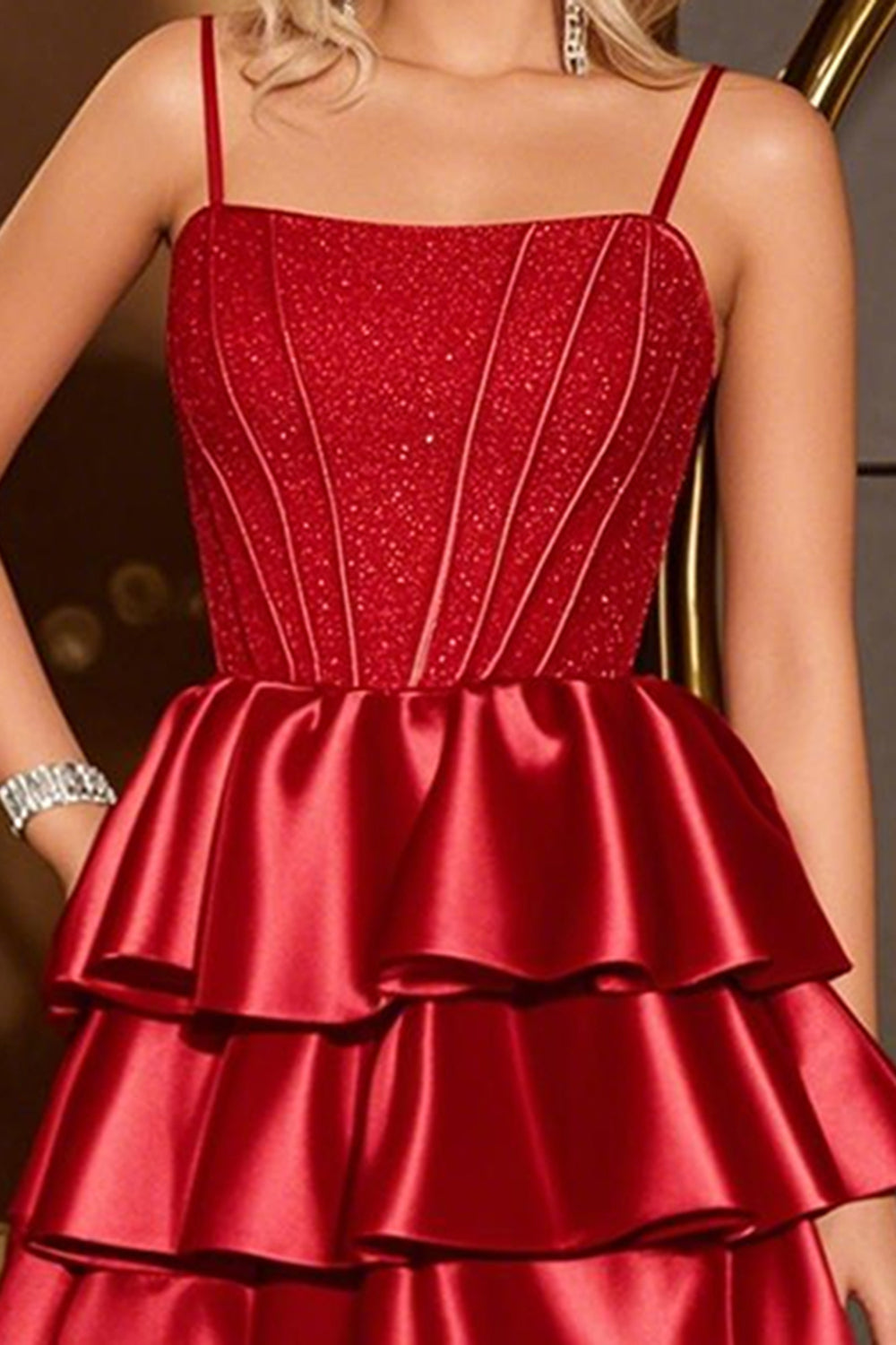 Satin Red Tiered A Line Corset Homecoming Dress - Image 2