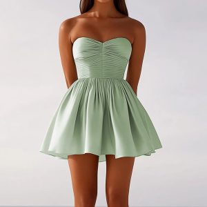 Sage Green Ruched Strapless Graduation Dress
