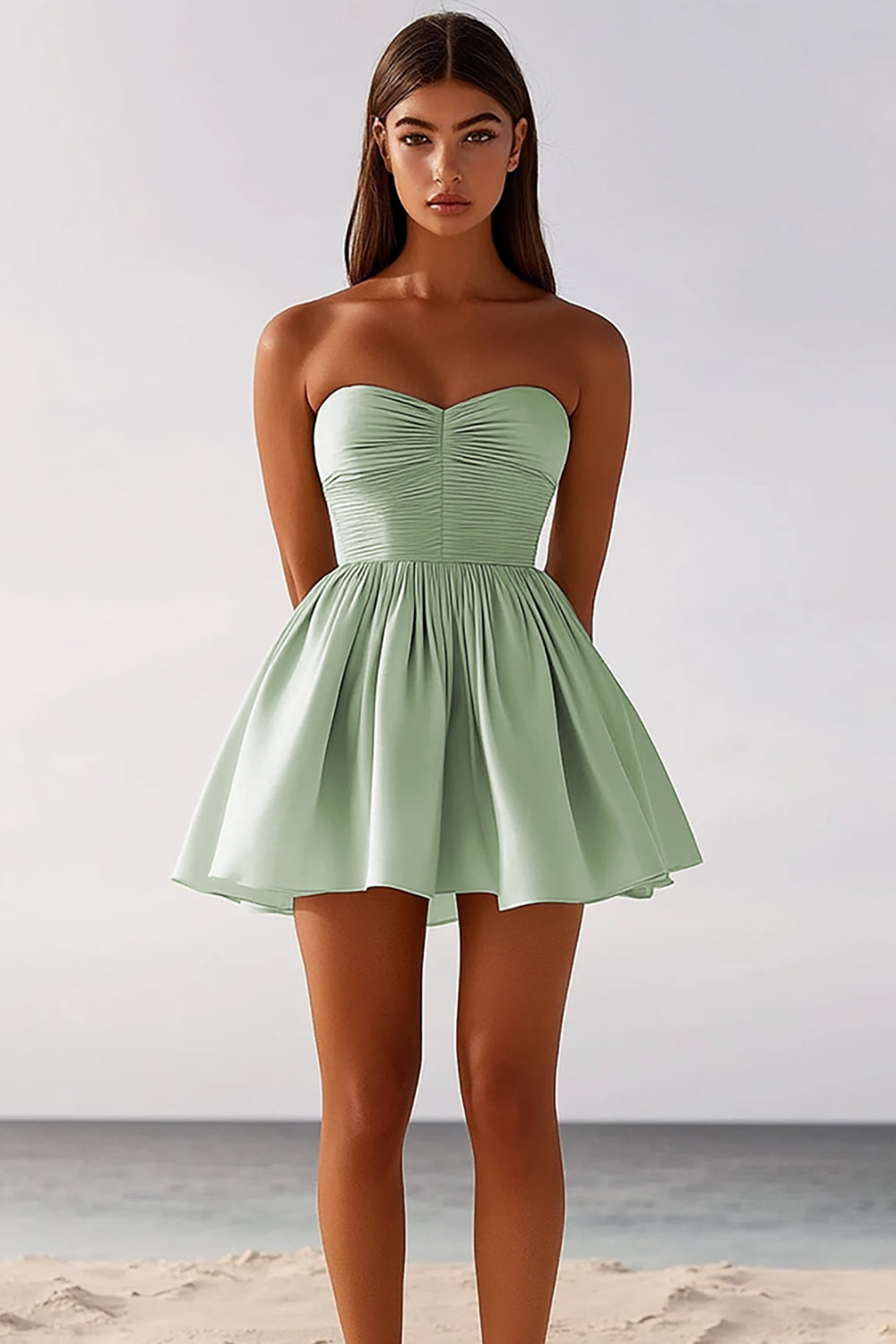 Sage Green Ruched Strapless Graduation Dress