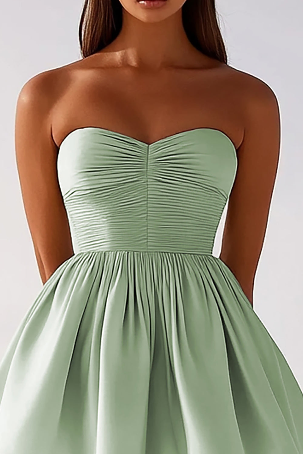 Sage Green Ruched Strapless Graduation Dress - Image 2