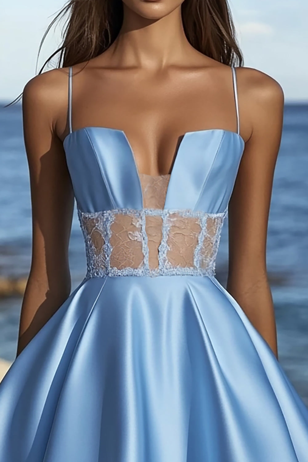 Satin Blue A Line Graduation Dress with Appliques - Image 2