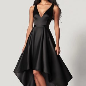Satin A Line V-Neck Asymmetrical Black Tie Dress