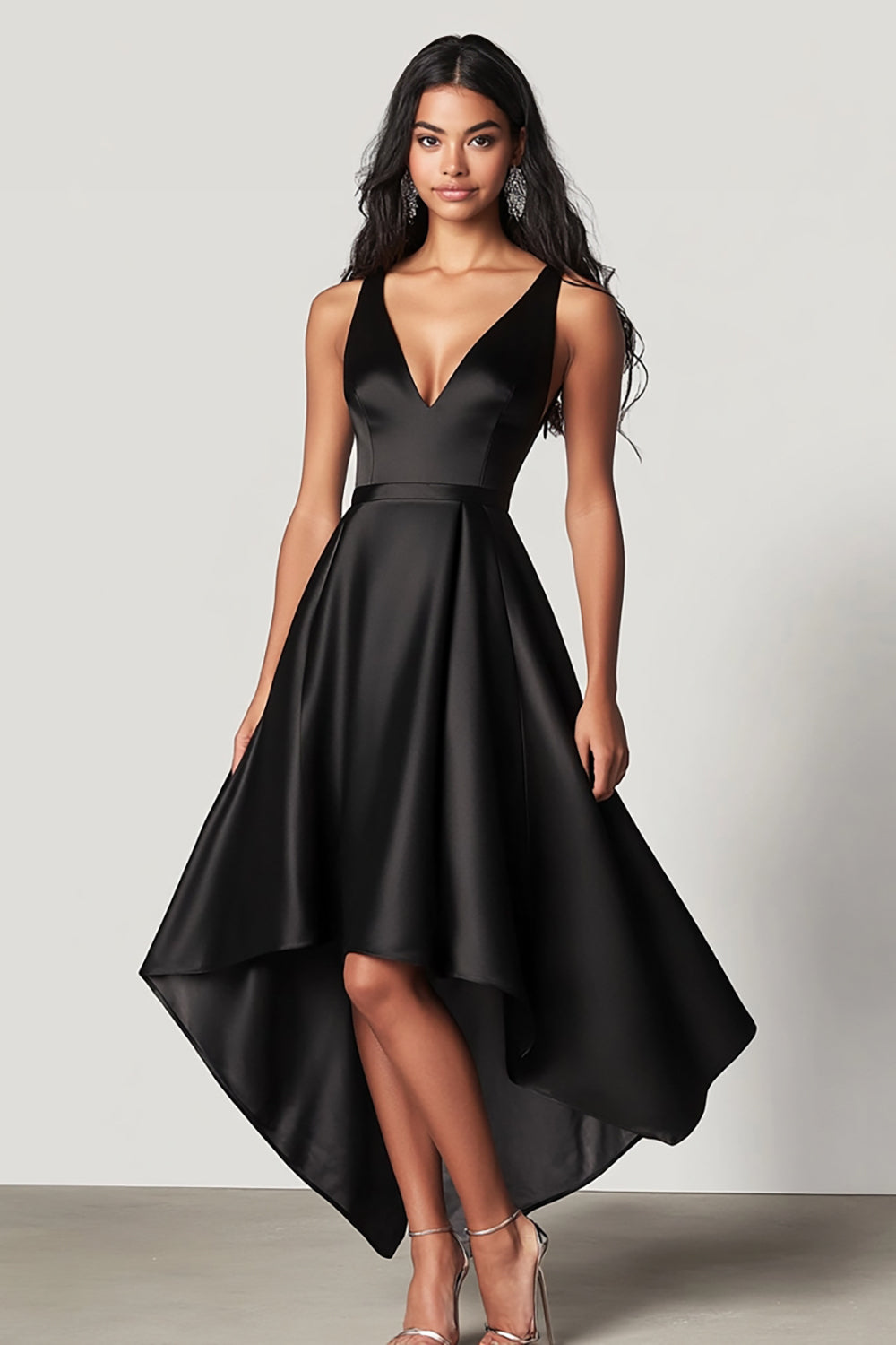 Satin A Line V-Neck Asymmetrical Black Tie Dress