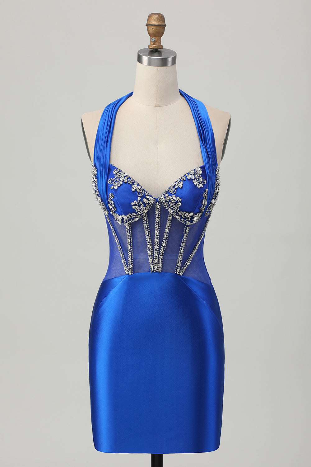 Satin Halter Bodycon Royal Blue Homecoming Dress With Rhinestones - Image 3