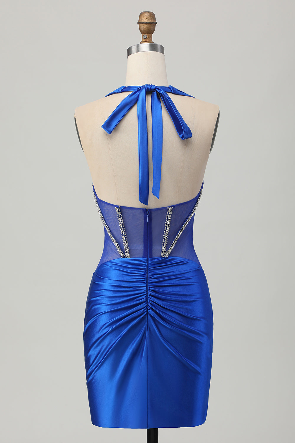 Satin Halter Bodycon Royal Blue Homecoming Dress With Rhinestones - Image 4