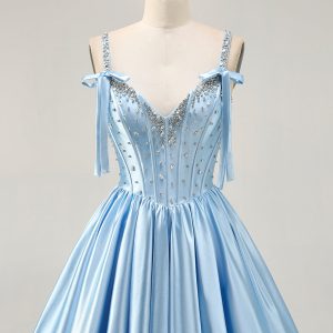 Satin Blue Corset A Line Homecoming Dress with Beading