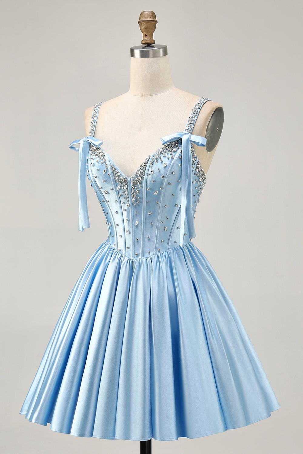 Satin Blue Corset A Line Homecoming Dress with Beading - Image 3