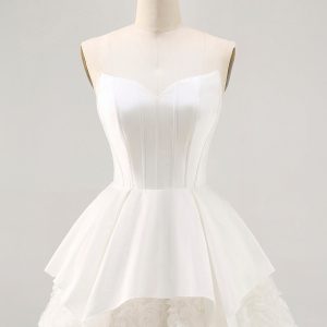 Satin Strapless Corset Rosette A Line White Homecoming Dress