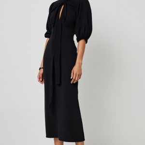Sheath Midi Black Work Dress with Hollow Out