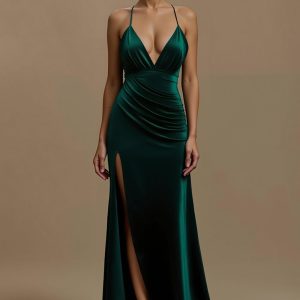 Sheath Spaghetti Straps Dark Green Holiday Dress With Slit