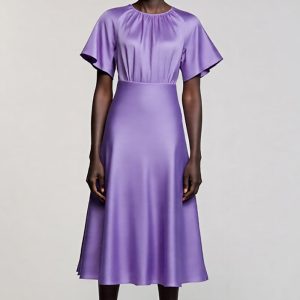 Satin Purple A Line Midi Dress with Flutter Sleeves