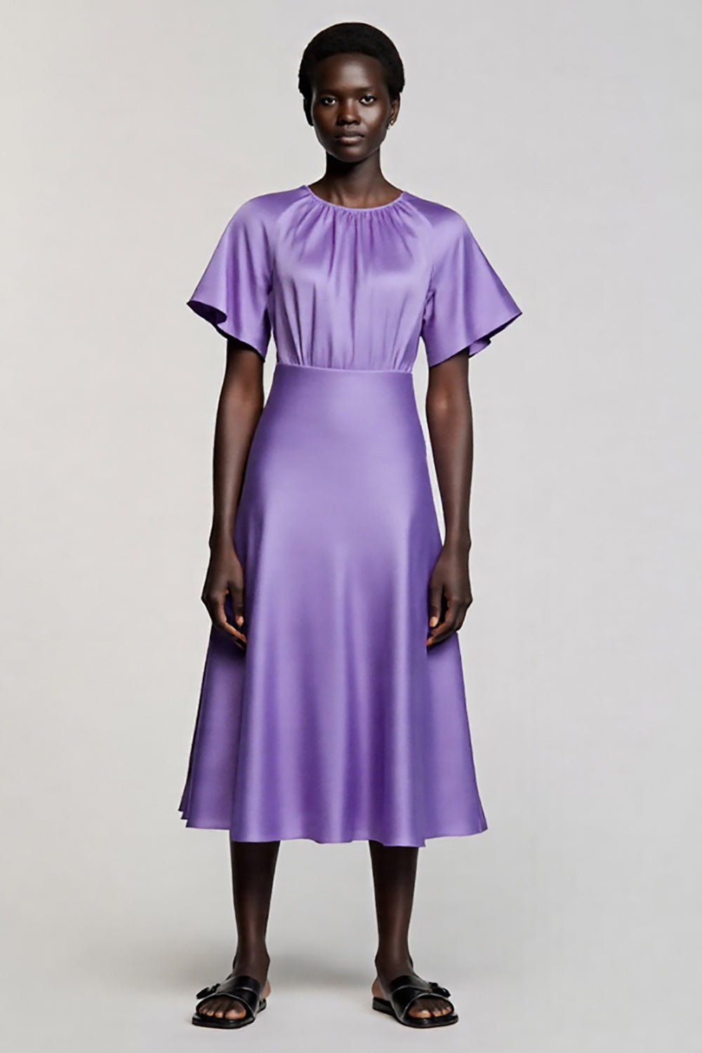 Satin Purple A Line Midi Dress with Flutter Sleeves