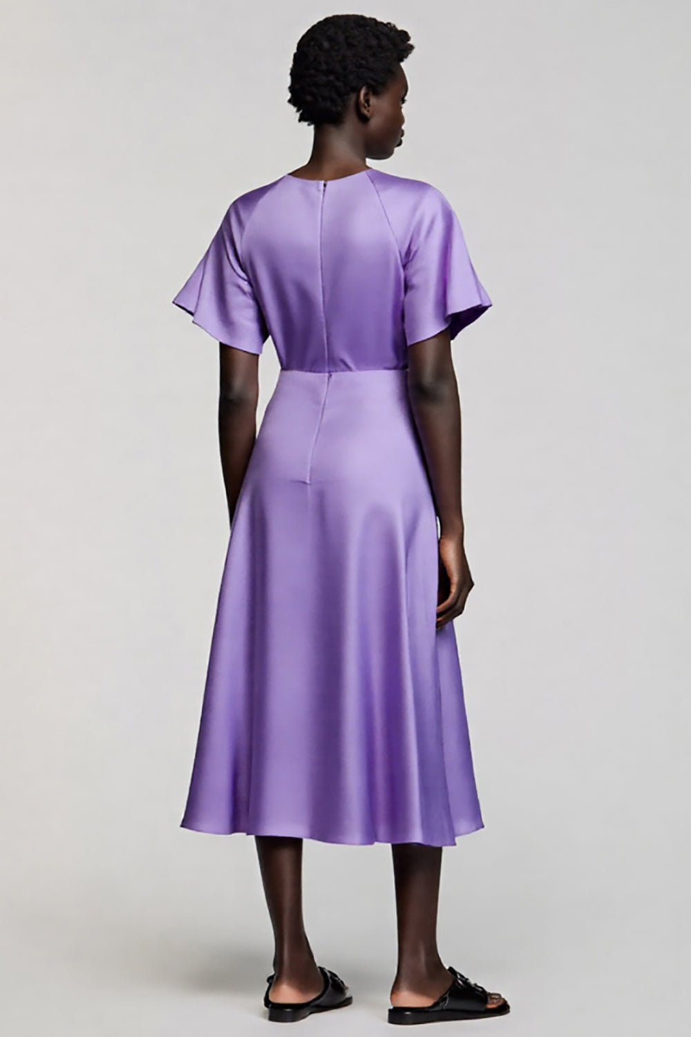 Satin Purple A Line Midi Dress with Flutter Sleeves - Image 2