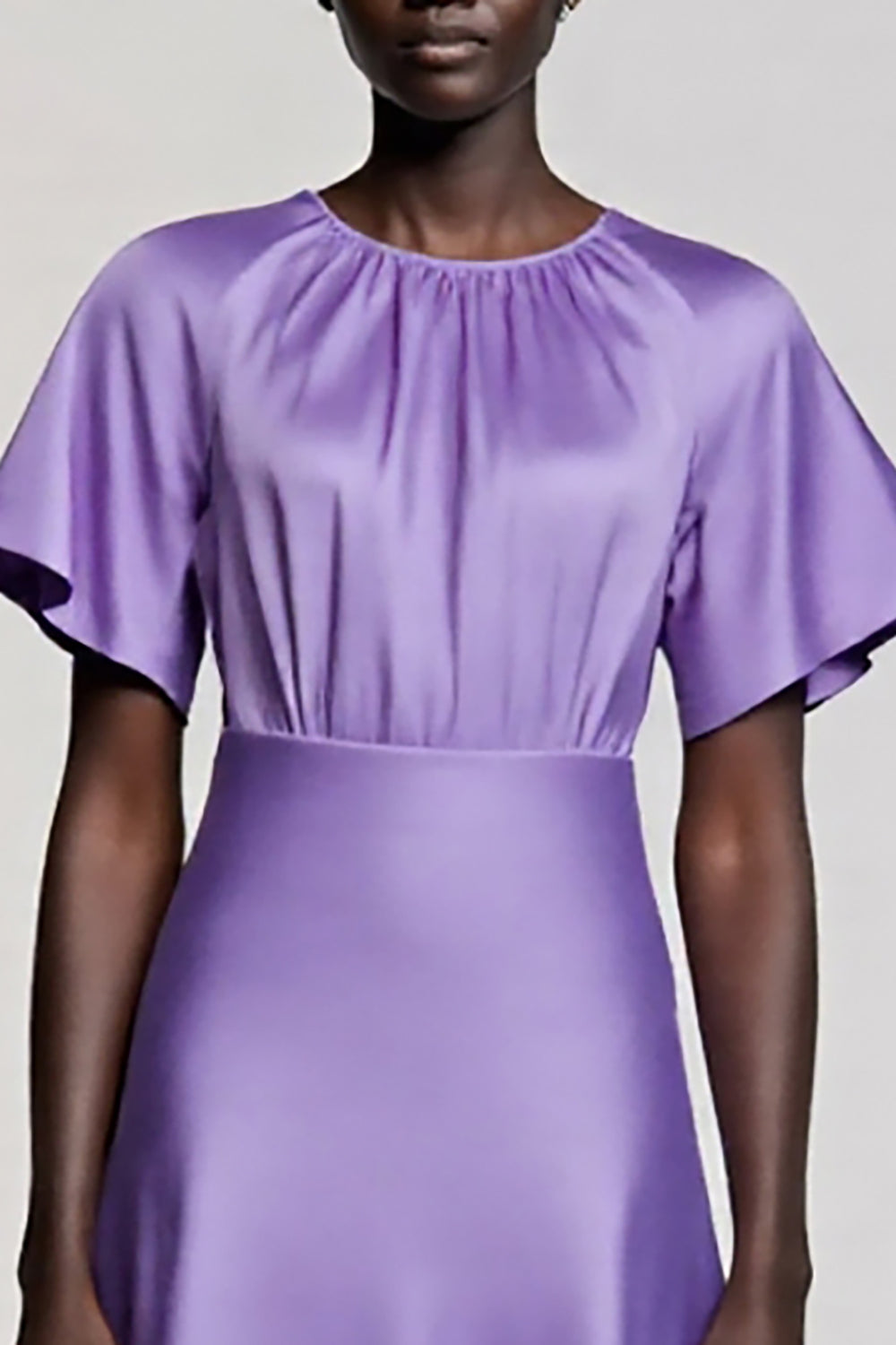 Satin Purple A Line Midi Dress with Flutter Sleeves - Image 3