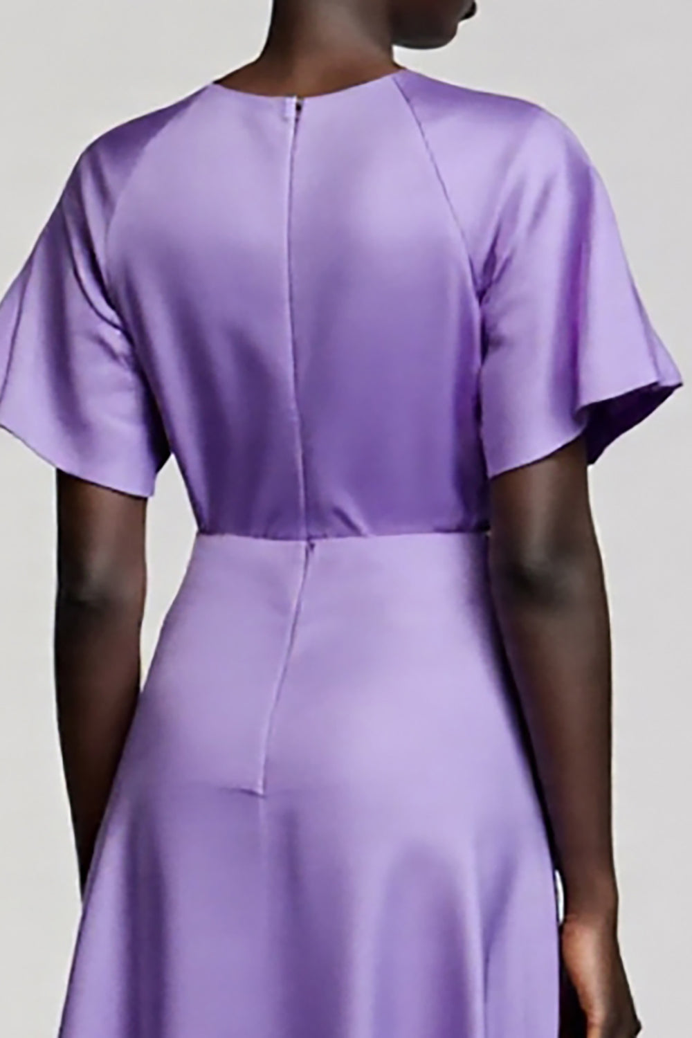 Satin Purple A Line Midi Dress with Flutter Sleeves - Image 4