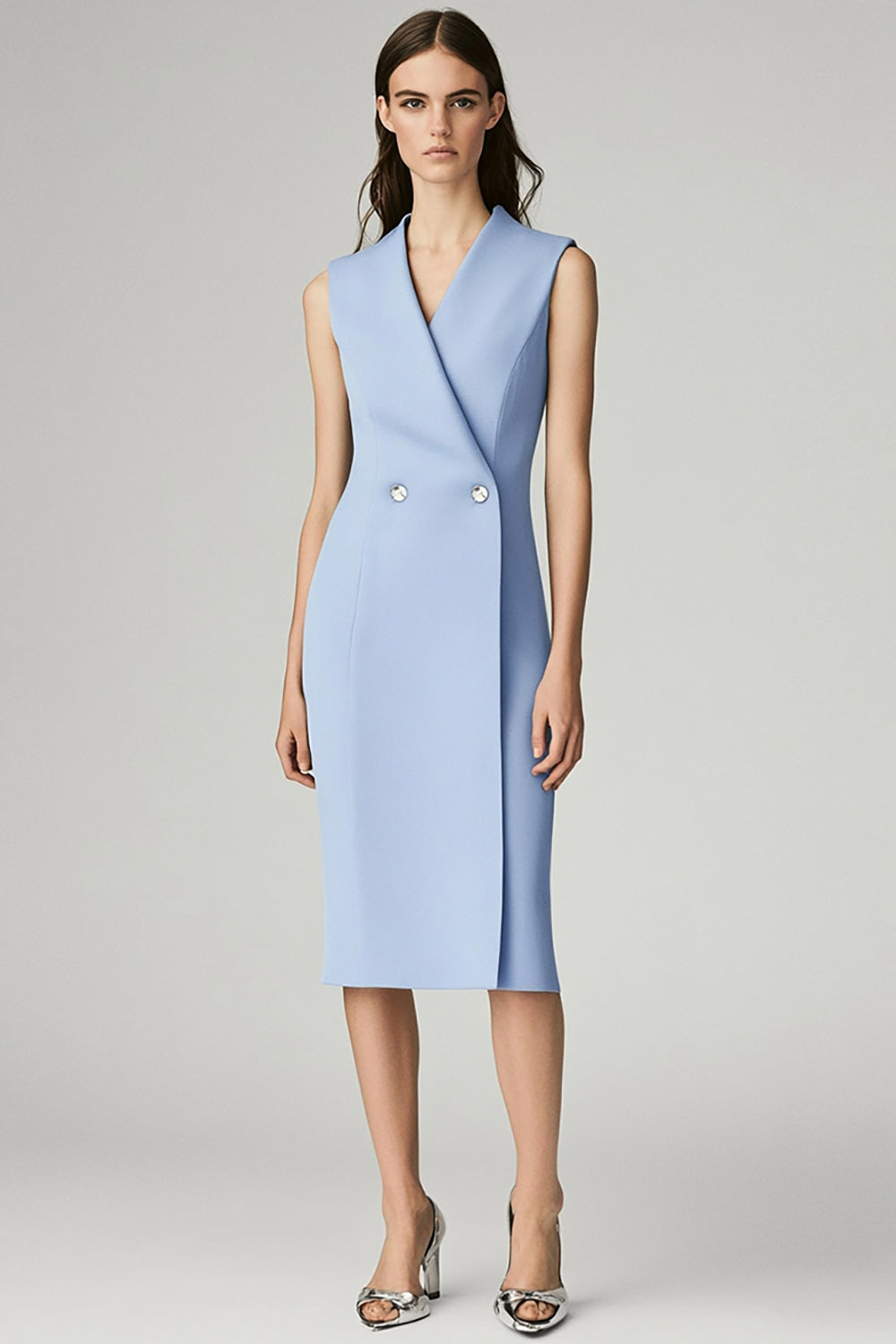 Sheath Sky Blue V-Neck Midi Dress