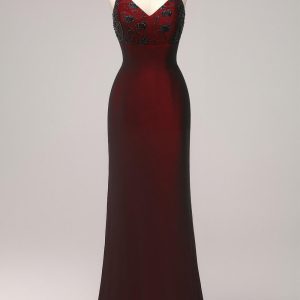 Sheath Beaded Black Red Formal Dress with Lace-up Back