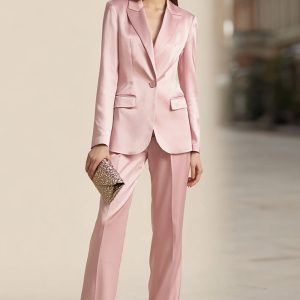 Satin One Button 2-Piece Peak Lapel Pink Business Suit