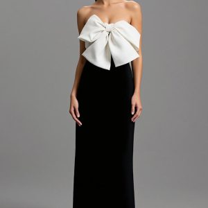 Sheath Black and White Strapless Formal Dress With Bow