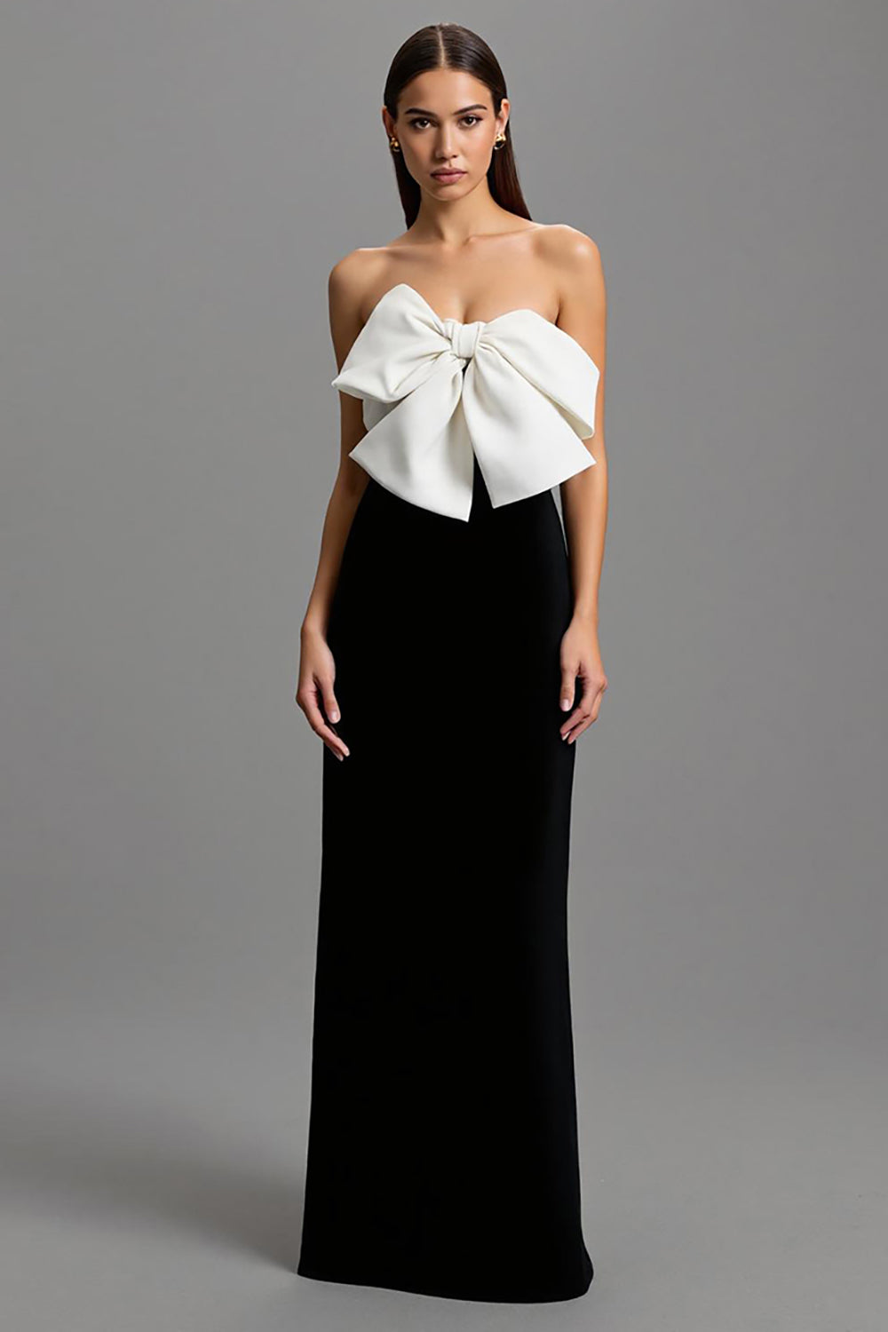 Sheath Black and White Strapless Formal Dress With Bow