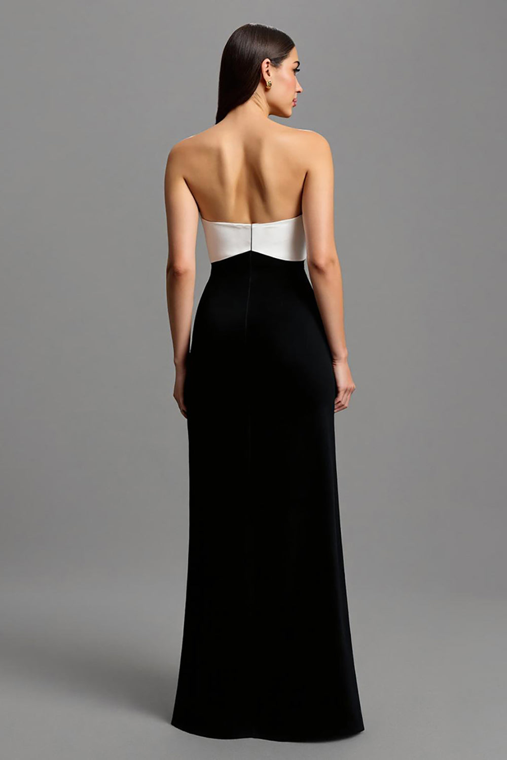 Sheath Black and White Strapless Formal Dress With Bow - Image 3