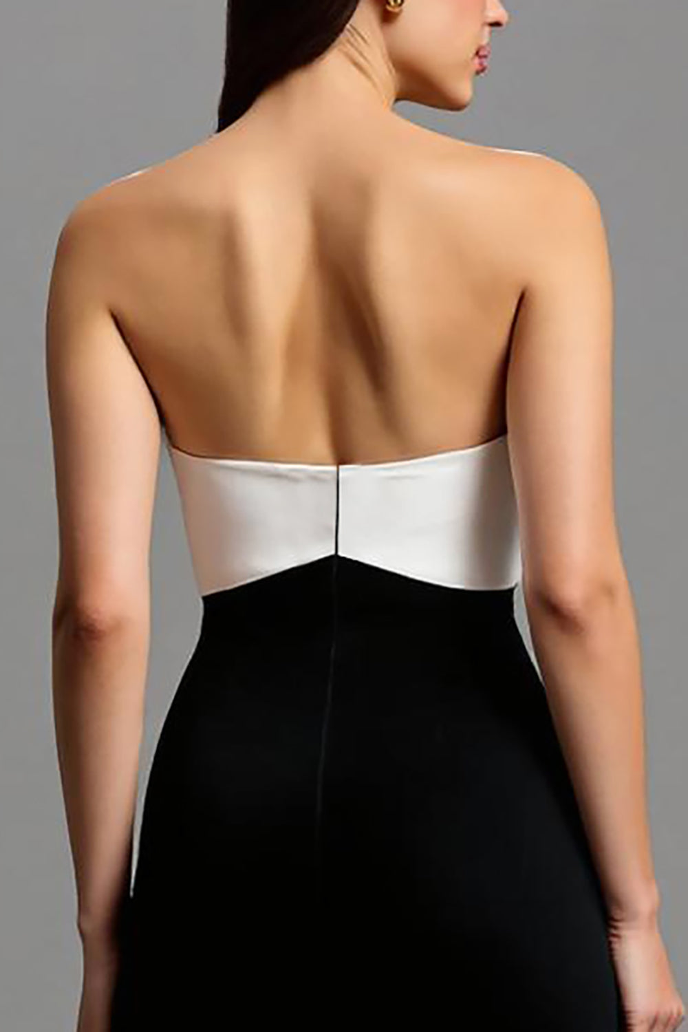 Sheath Black and White Strapless Formal Dress With Bow - Image 5