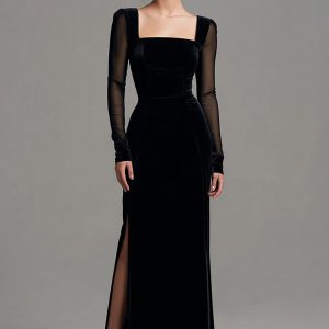 Sheath Black Long Sleeve Formal Dress With Slit