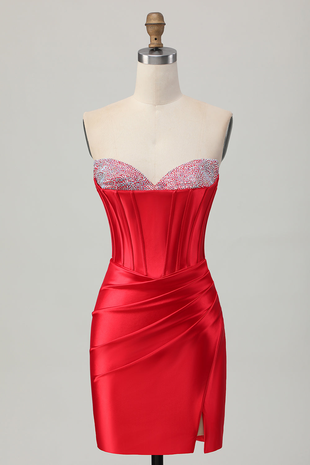 Satin Corset Strapless Bodycon Red Homecoming Dress With Slit - Image 3
