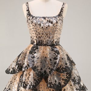 Sequin Tiered Black Apricot A Line Homecoming Dress