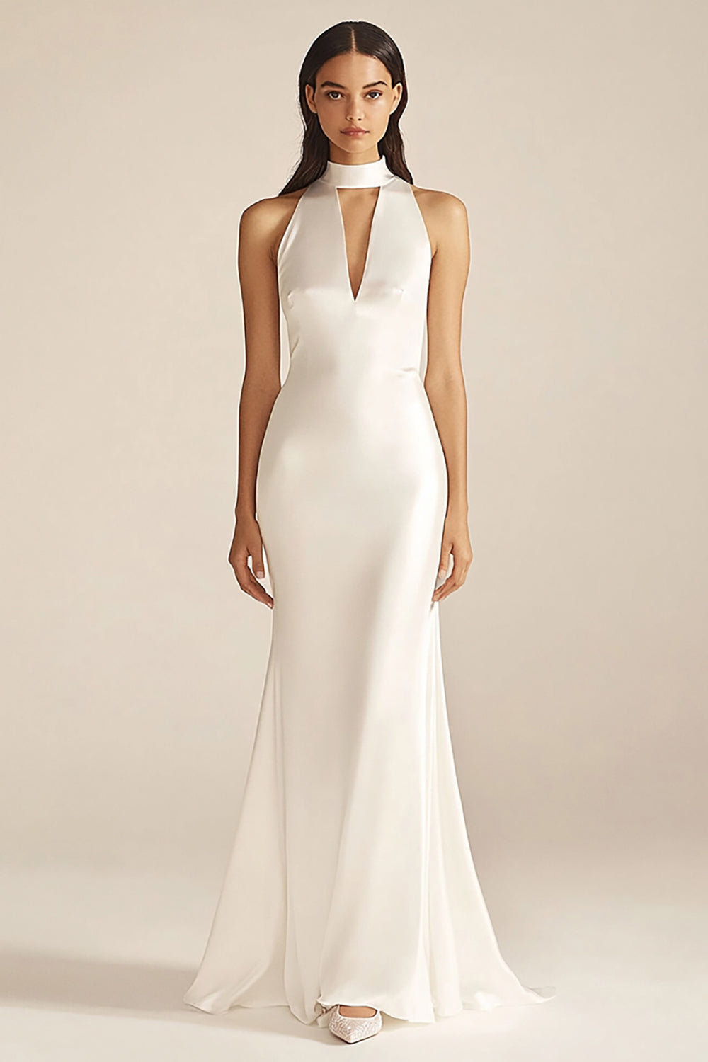 Satin Mermaid High Neck Ivory Cut Out Engagement Dress