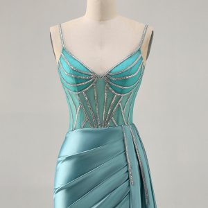 Satin Bodycon Beaded Green Homecoming Dress with Streamer